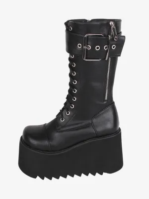 Gothic Lolita Boots Black PU Round Toe PU Leather Lolita Footwear