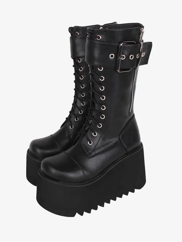 Gothic Lolita Boots Black PU Round Toe PU Leather Lolita Footwear