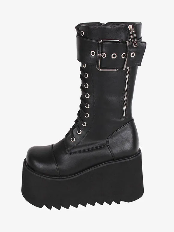 Gothic Lolita Boots Black PU Round Toe PU Leather Lolita Footwear