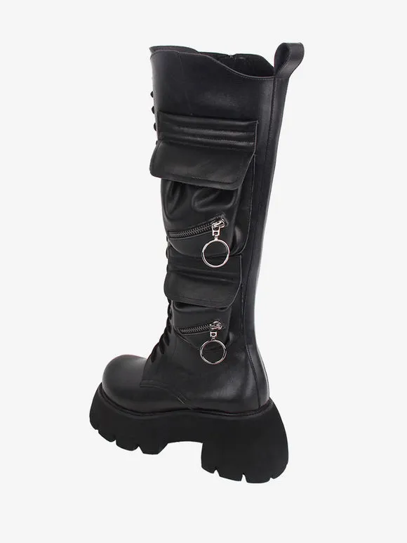 Gothic Lolita Boots PU Leather PU Round Toe Black Lolita Footwear