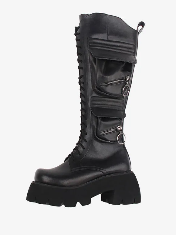Gothic Lolita Boots PU Leather PU Round Toe Black Lolita Footwear