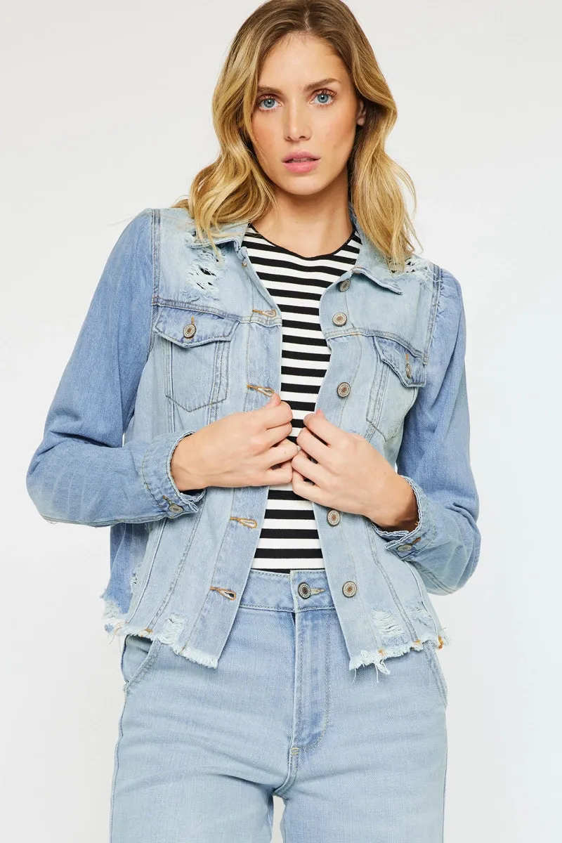 Kancan Princess Sleeve Two-Tone Destructed Denim Jacket Light Wash