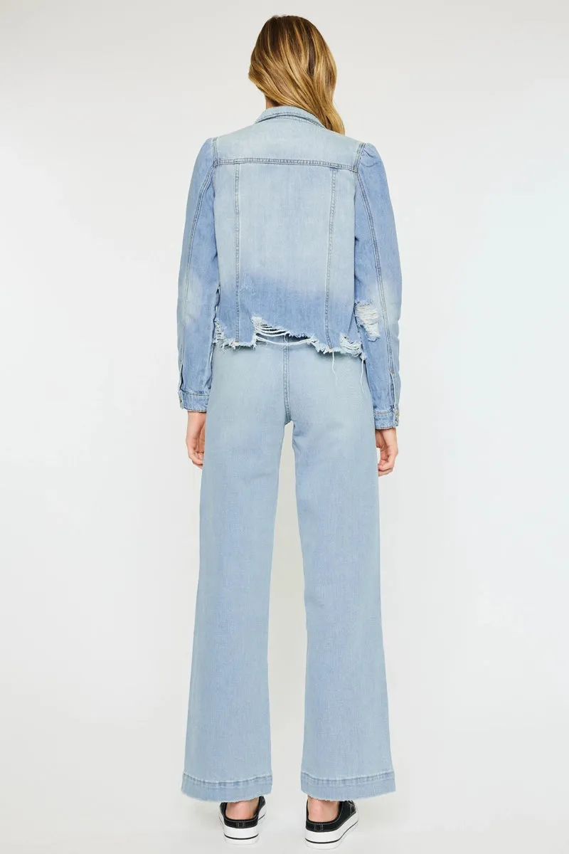 Kancan Princess Sleeve Two-Tone Destructed Denim Jacket Light Wash