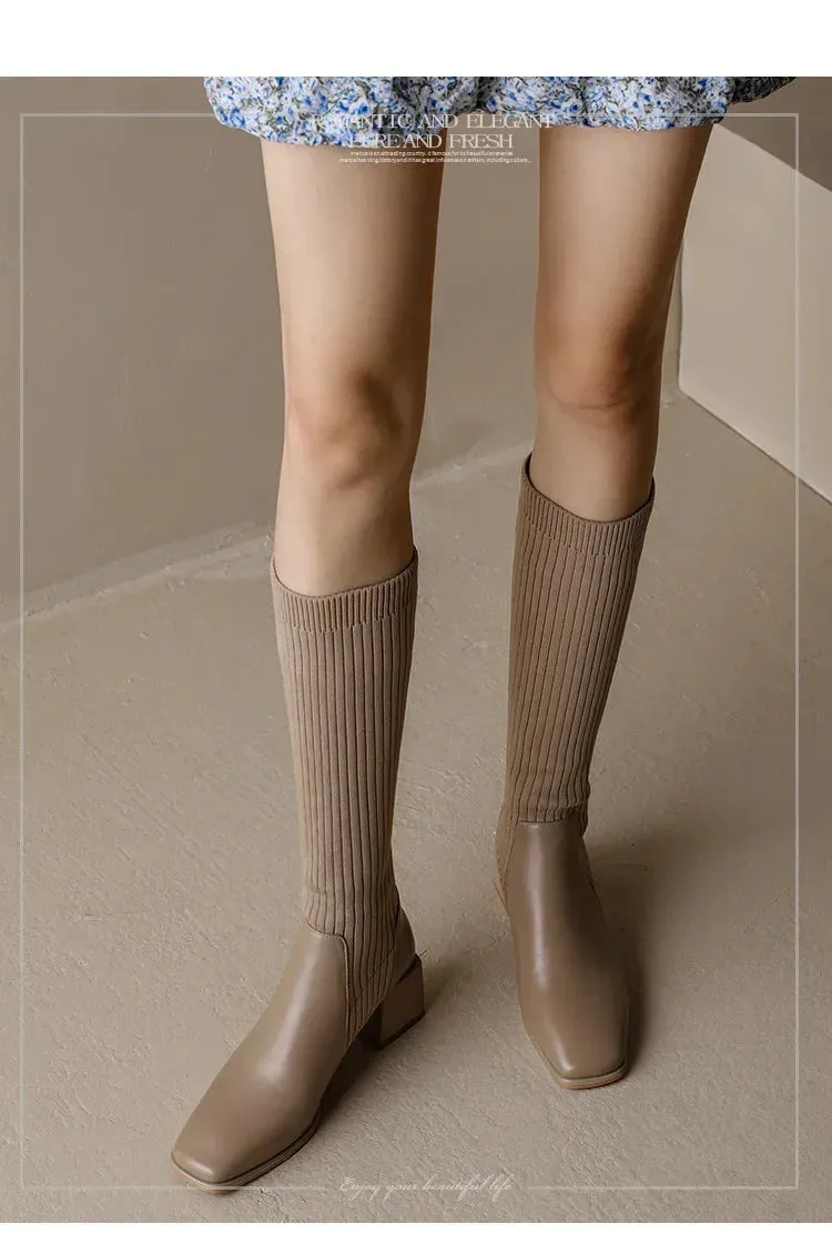 Knitted w/ Faux Leather Knee-High Sock Boots for Women New Fashion Slip On Med Heel Retro Elastic Boots