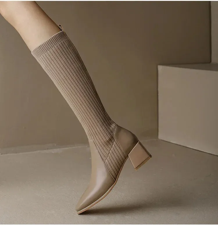Knitted w/ Faux Leather Knee-High Sock Boots for Women New Fashion Slip On Med Heel Retro Elastic Boots