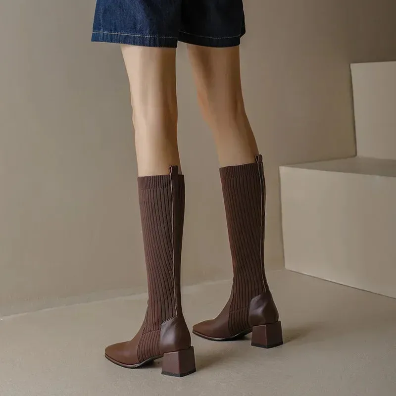 Knitted w/ Faux Leather Knee-High Sock Boots for Women New Fashion Slip On Med Heel Retro Elastic Boots