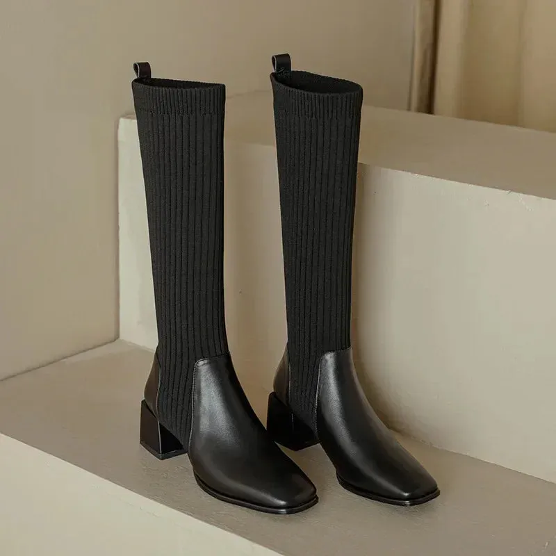 Knitted w/ Faux Leather Knee-High Sock Boots for Women New Fashion Slip On Med Heel Retro Elastic Boots
