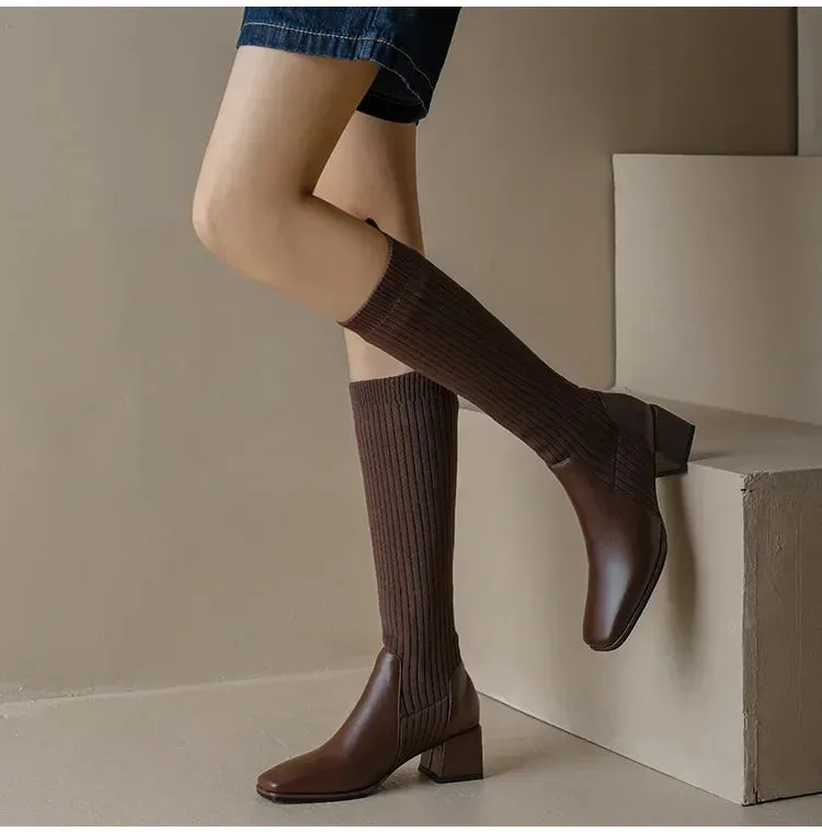 Knitted w/ Faux Leather Knee-High Sock Boots for Women New Fashion Slip On Med Heel Retro Elastic Boots