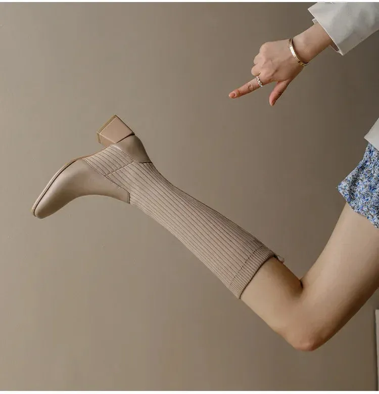 Knitted w/ Faux Leather Knee-High Sock Boots for Women New Fashion Slip On Med Heel Retro Elastic Boots