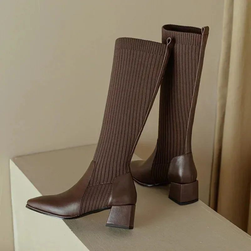 Knitted w/ Faux Leather Knee-High Sock Boots for Women New Fashion Slip On Med Heel Retro Elastic Boots