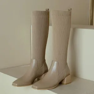 Knitted w/ Faux Leather Knee-High Sock Boots for Women New Fashion Slip On Med Heel Retro Elastic Boots