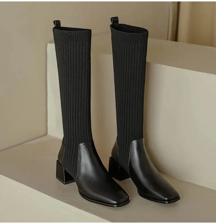 Knitted w/ Faux Leather Knee-High Sock Boots for Women New Fashion Slip On Med Heel Retro Elastic Boots