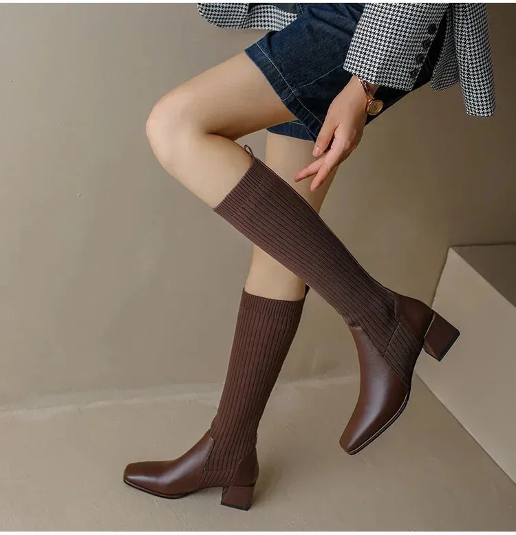 Knitted w/ Faux Leather Knee-High Sock Boots for Women New Fashion Slip On Med Heel Retro Elastic Boots
