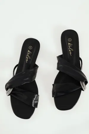 Ladies Cross Strap Diamante Interlinked Mule Sandal - Black