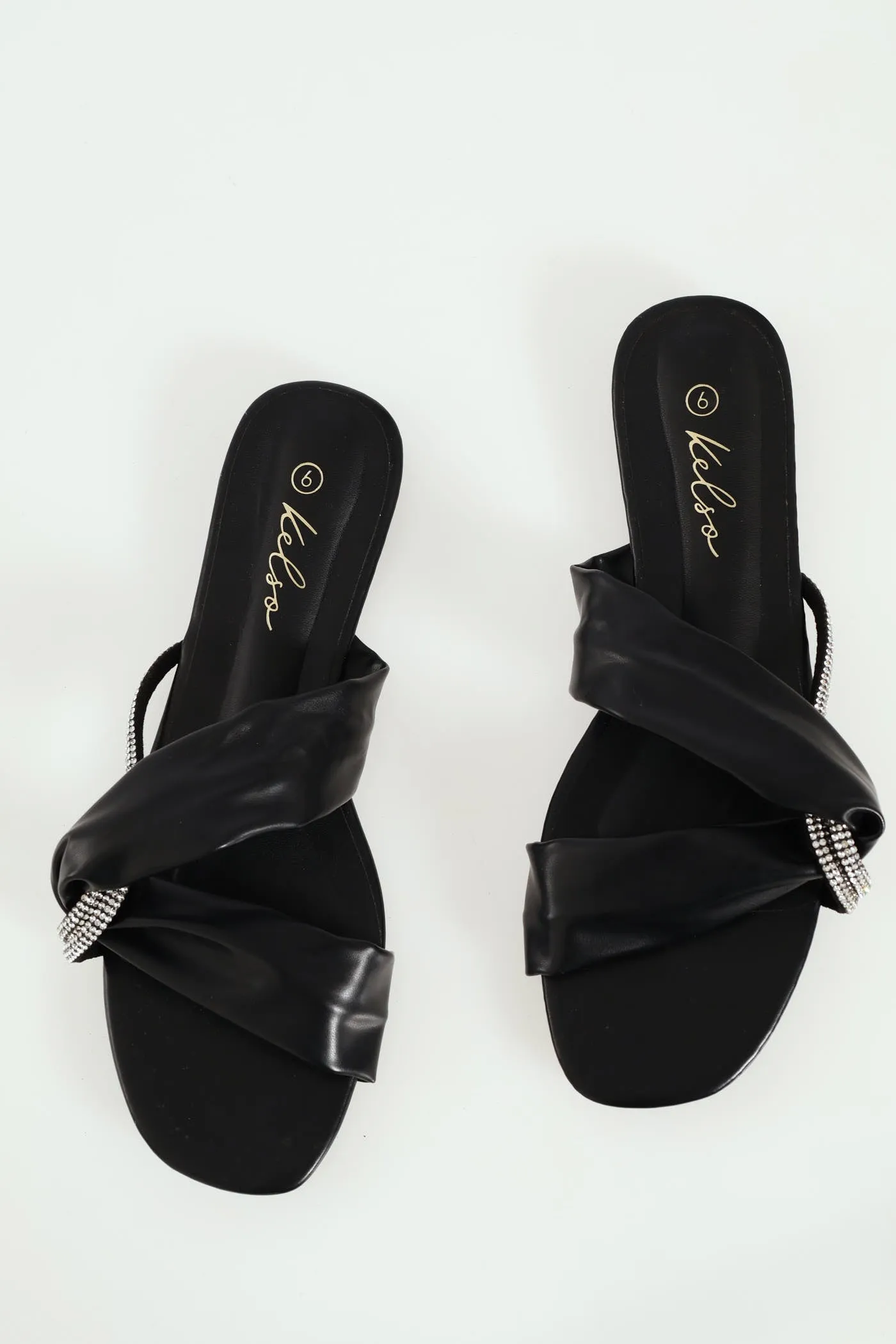 Ladies Cross Strap Diamante Interlinked Mule Sandal - Black