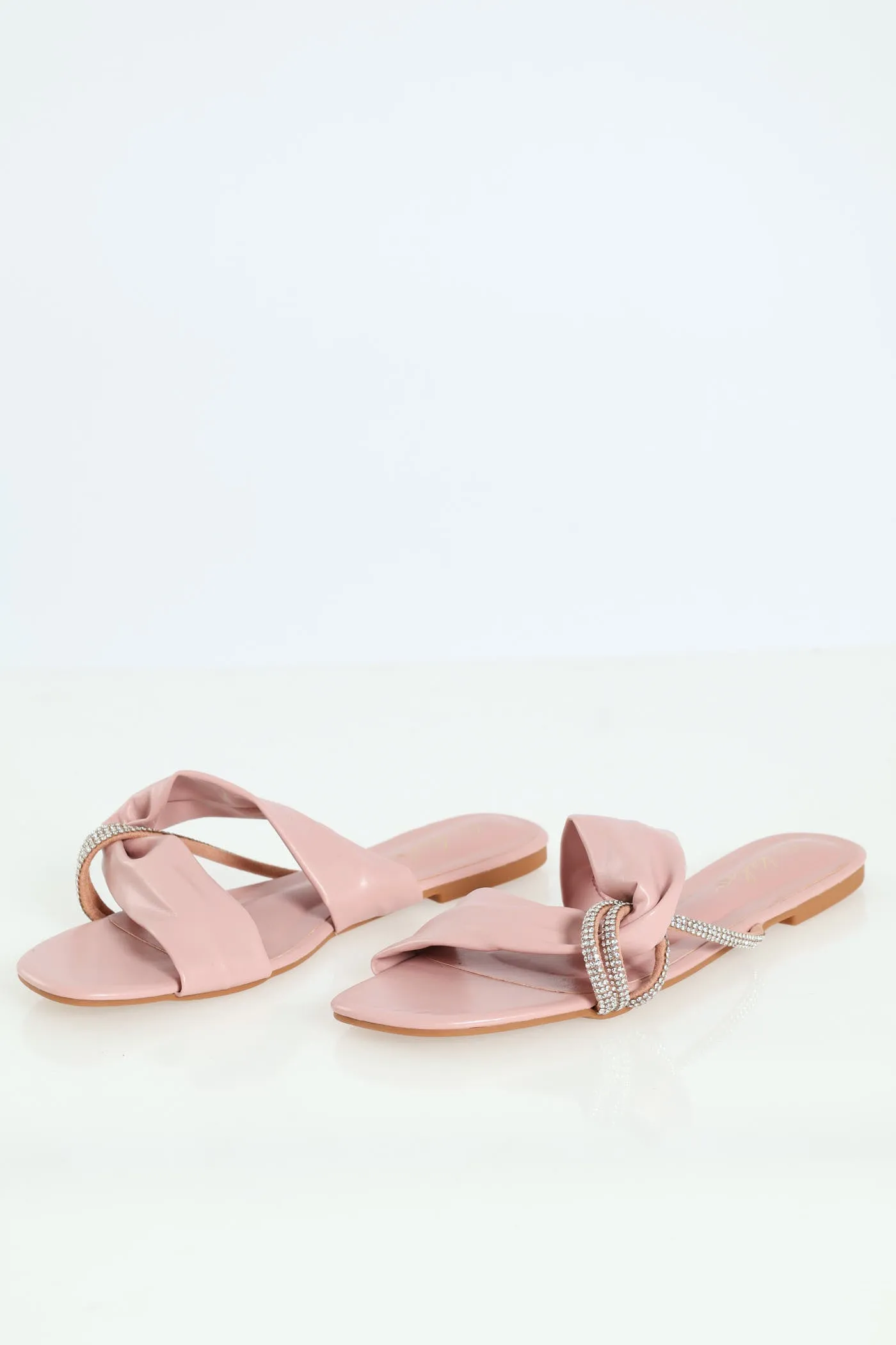 Ladies Cross Strap Diamante Interlinked Mule Sandal - Blush