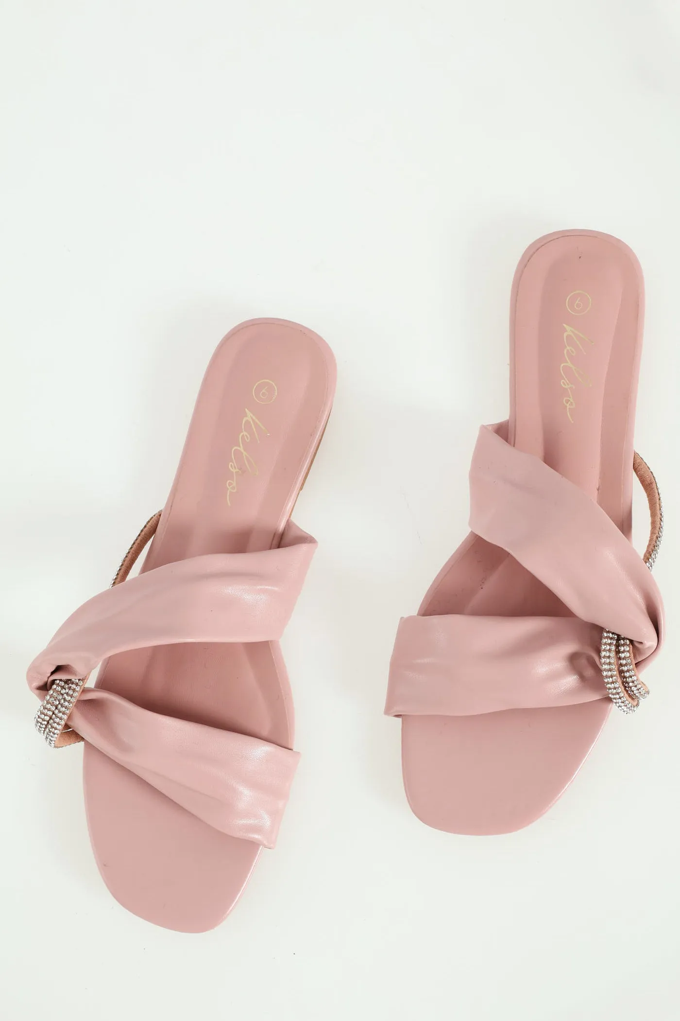 Ladies Cross Strap Diamante Interlinked Mule Sandal - Blush