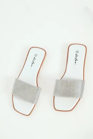 Ladies Single Band Diamante Mule - White