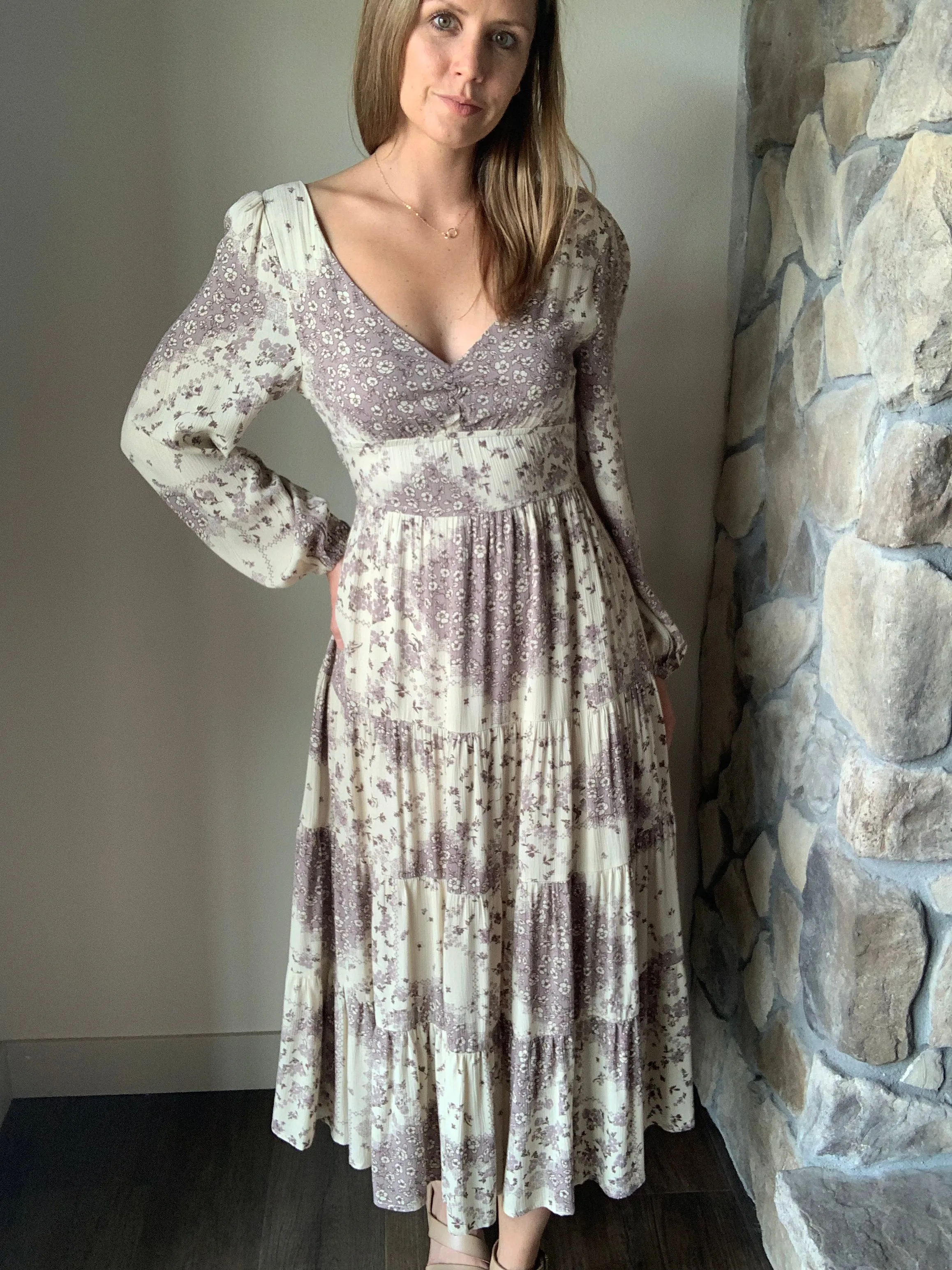 lavender floral patchwork tie back midi dress