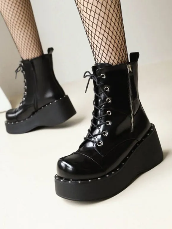 Lolita Ankle Boots Round Toe Zipper PU Leather Black Lolita Footwear