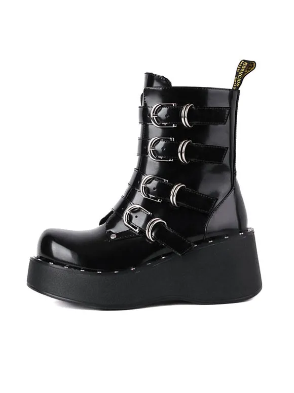 Lolita Boots Round Toe Zipper PU Leather Black Lolita Footwear