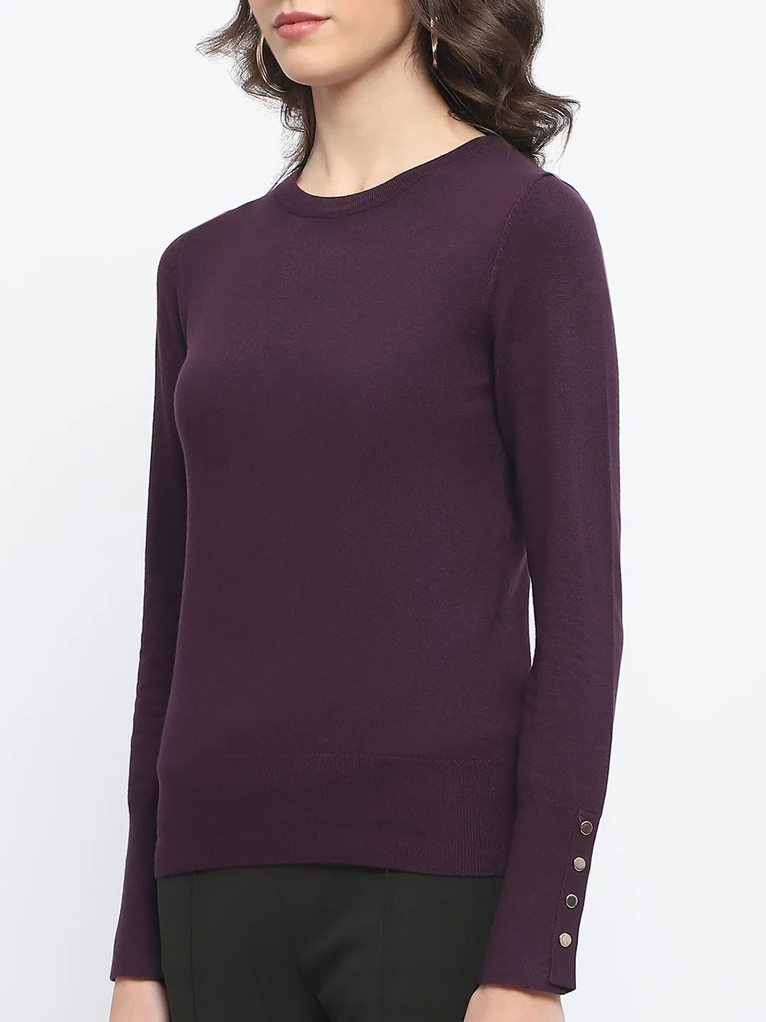 Madame Buttoned Cuffs Solid Purple Sweater