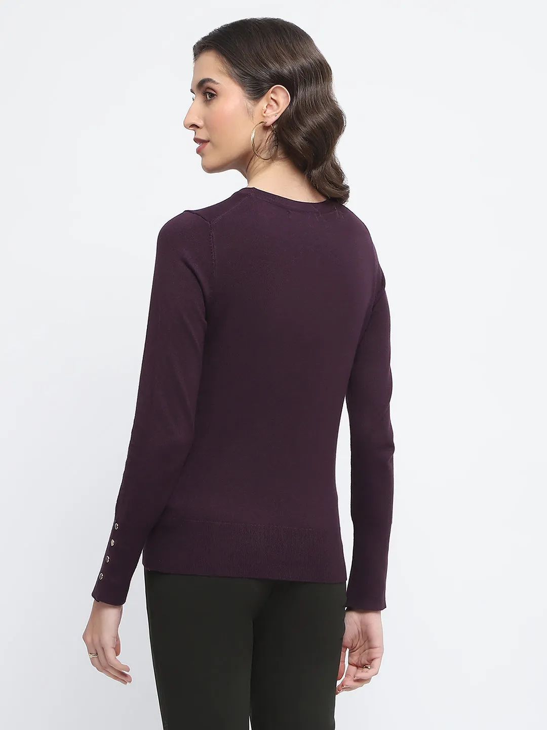 Madame Buttoned Cuffs Solid Purple Sweater