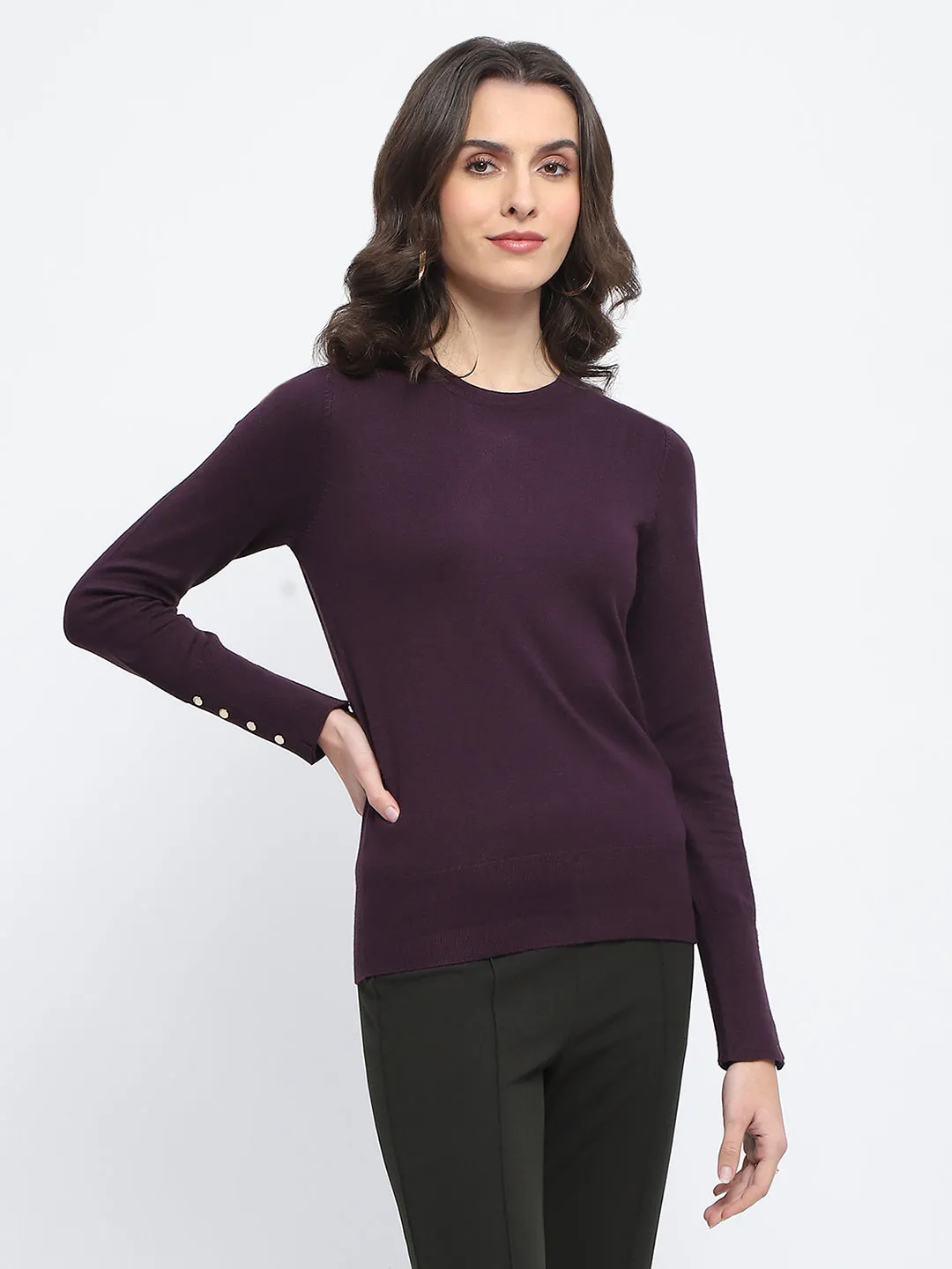 Madame Buttoned Cuffs Solid Purple Sweater