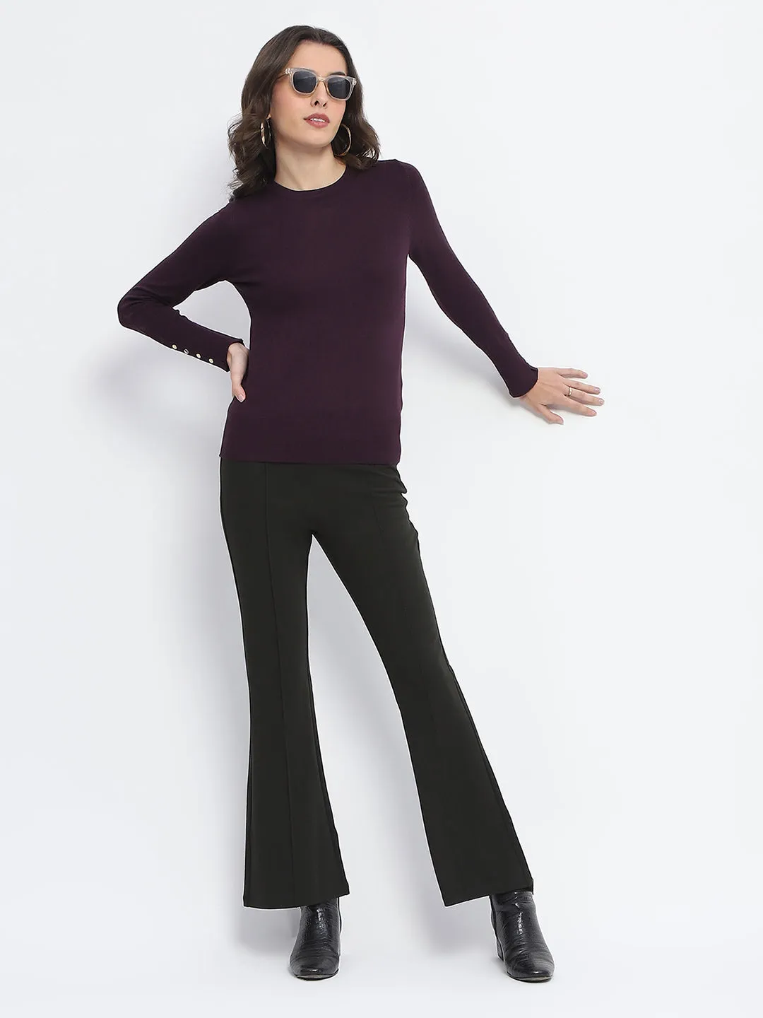 Madame Buttoned Cuffs Solid Purple Sweater