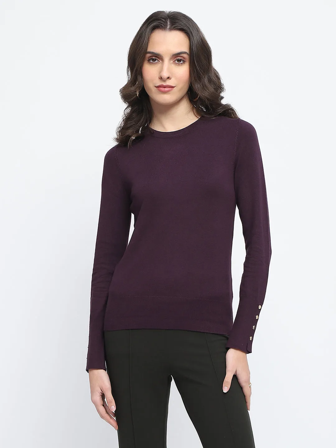Madame Buttoned Cuffs Solid Purple Sweater