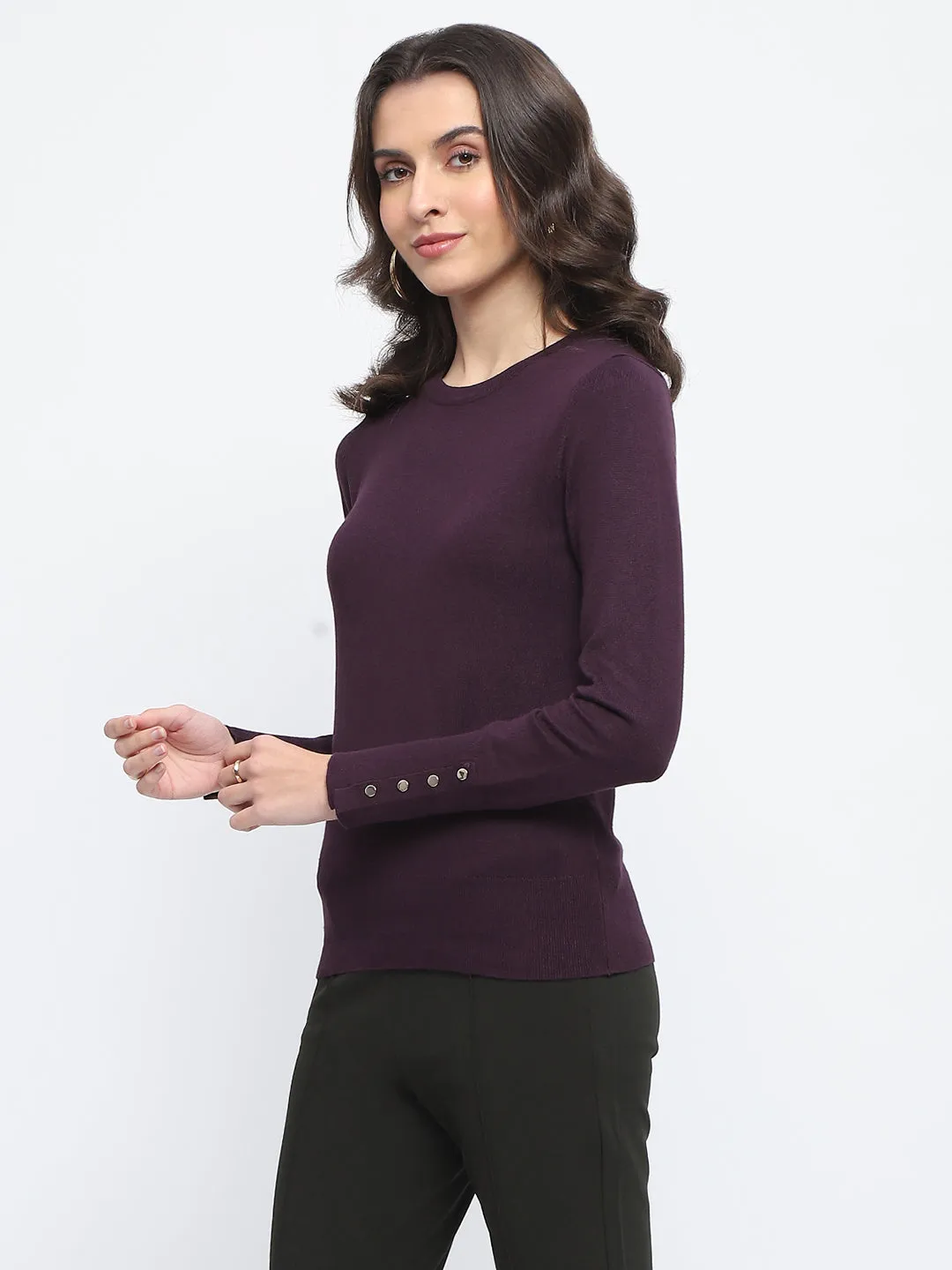 Madame Buttoned Cuffs Solid Purple Sweater