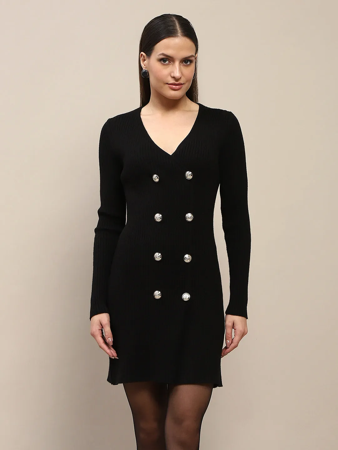 Madame Double Breasted V Neck Black Knitted Mini Dress