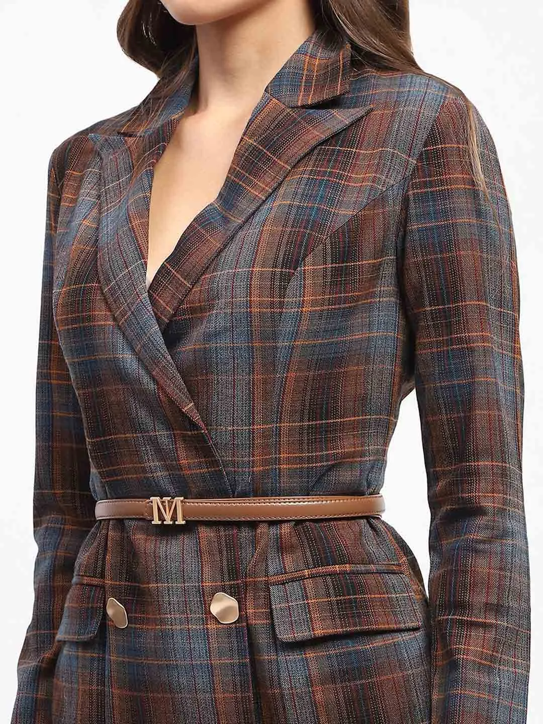 Madame Shanaya Kapoor Plaid Pattern Belted Mini Blazer Dress