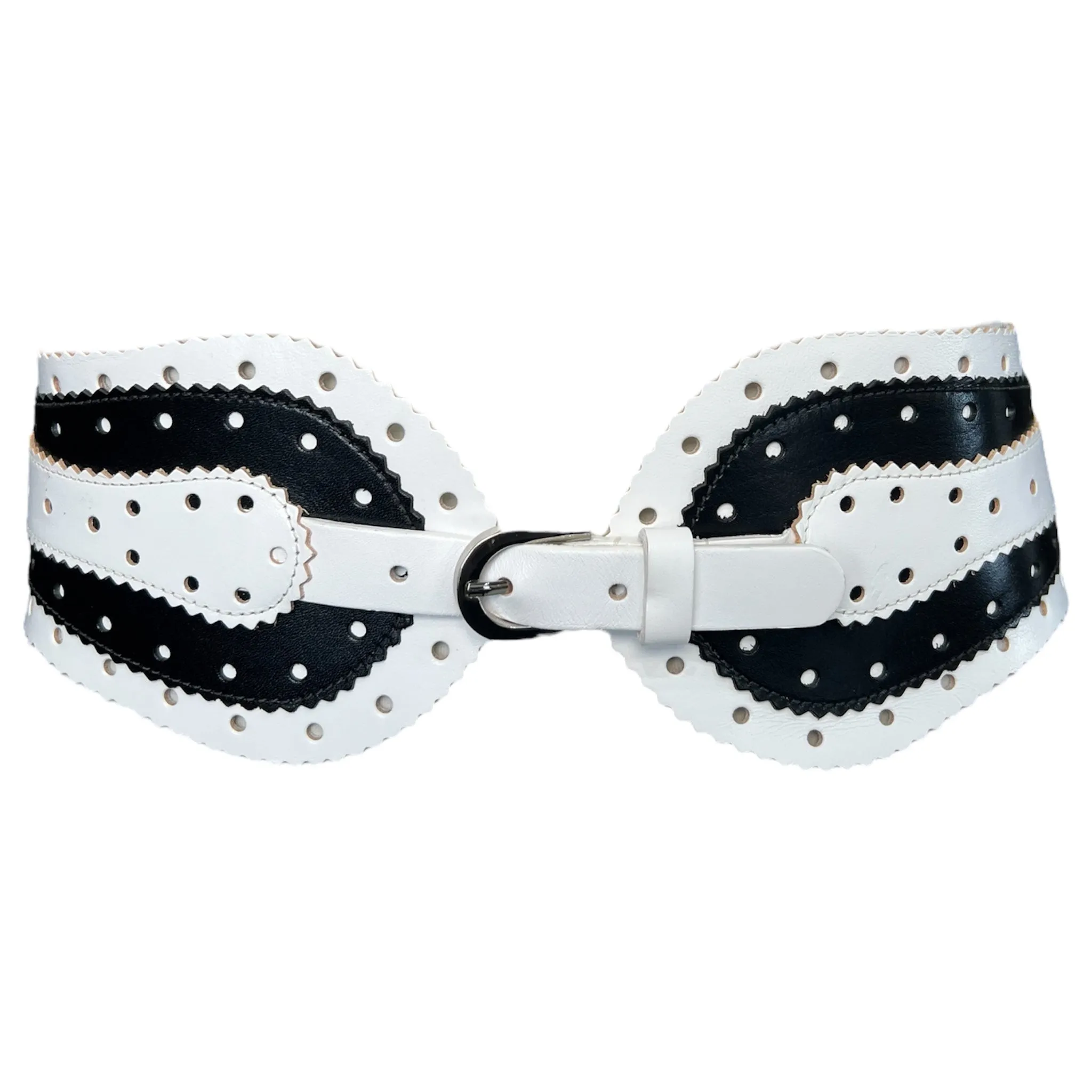 Oscar de la Renta 2000's Black and White Perforated and Serrated Wide Leather Corset Belt
