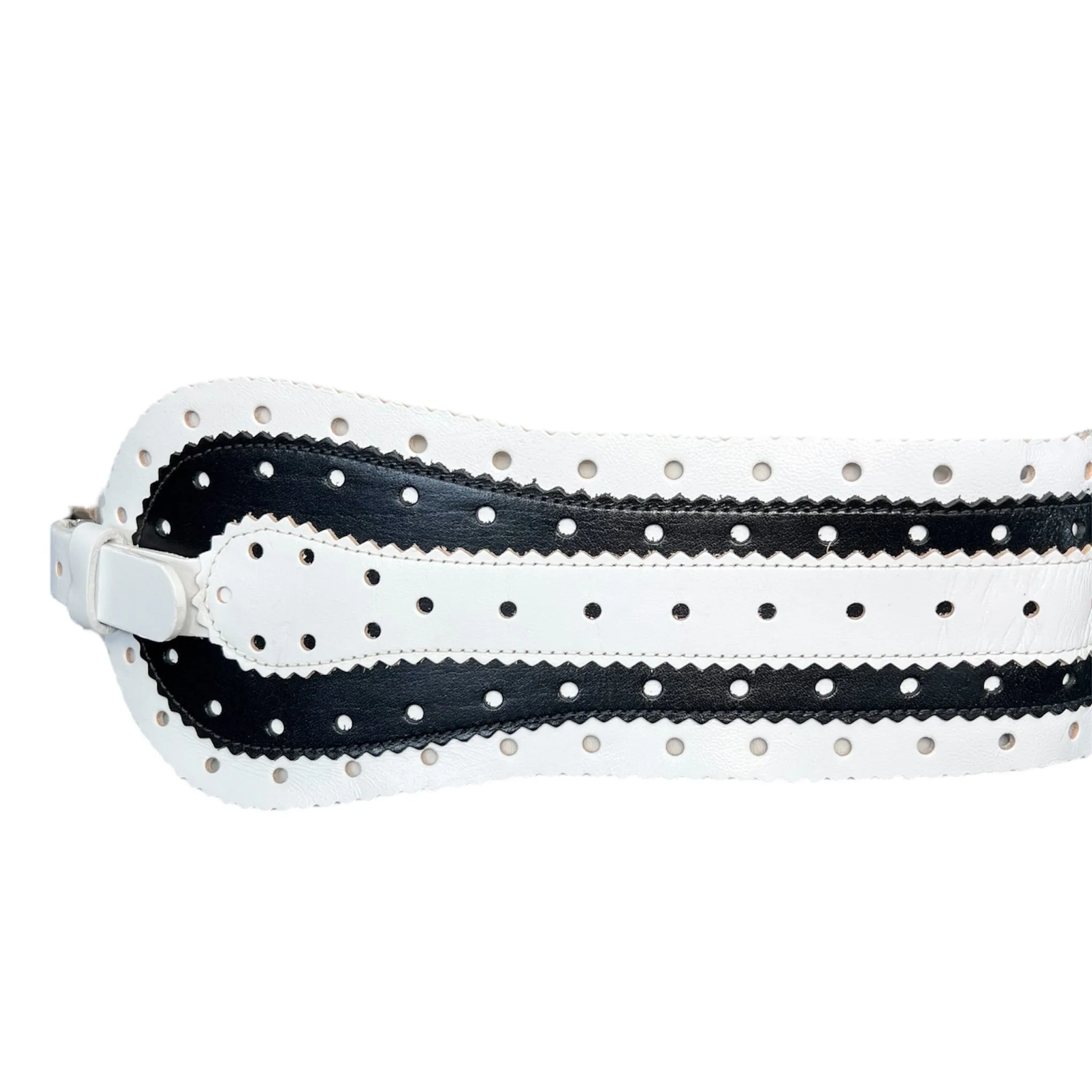 Oscar de la Renta 2000's Black and White Perforated and Serrated Wide Leather Corset Belt