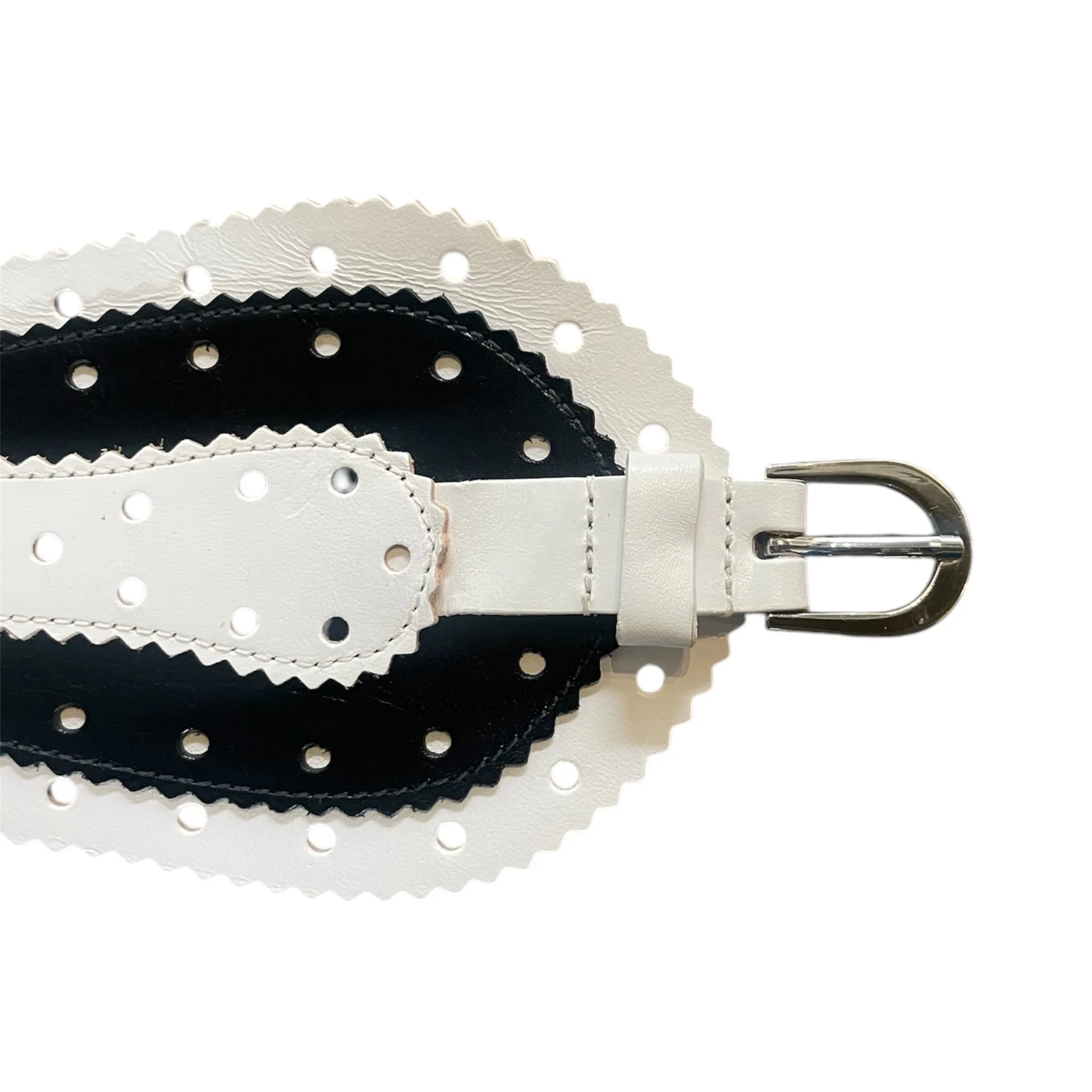 Oscar de la Renta 2000's Black and White Perforated and Serrated Wide Leather Corset Belt