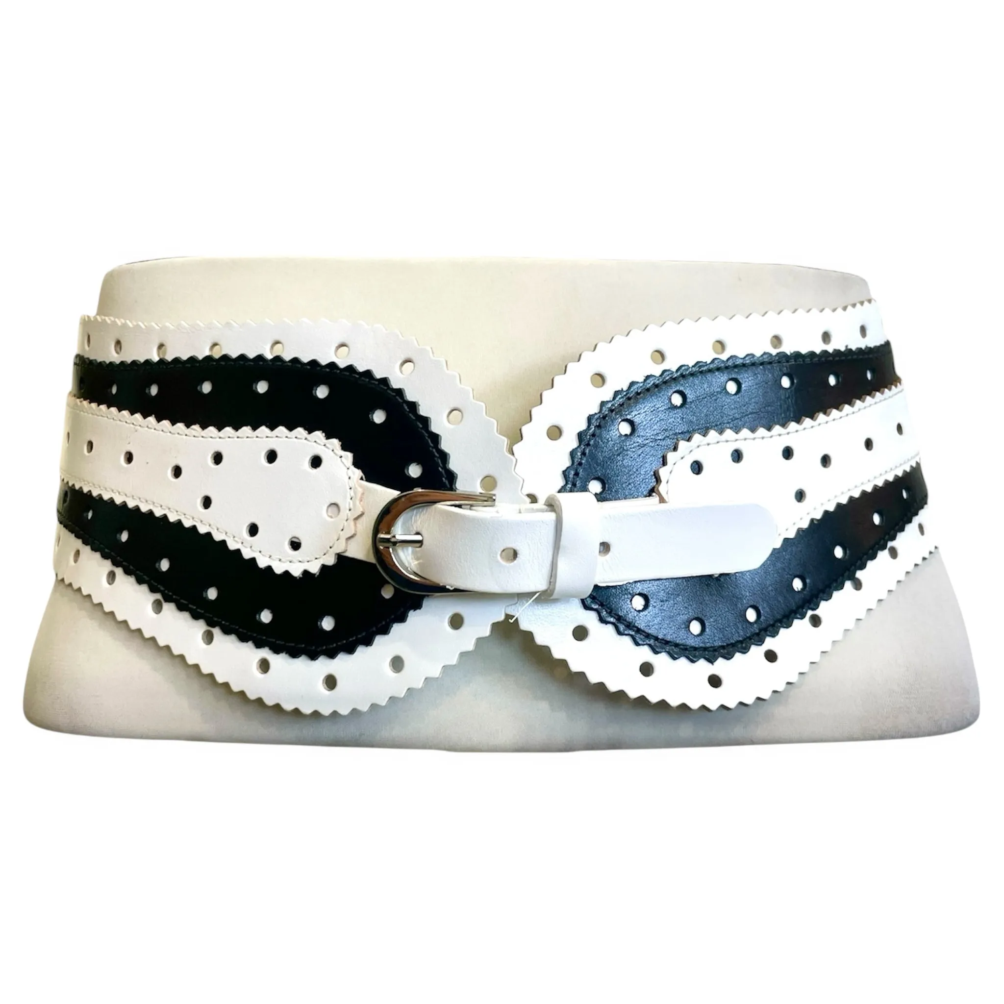 Oscar de la Renta 2000's Black and White Perforated and Serrated Wide Leather Corset Belt