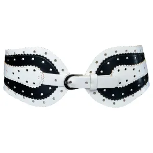 Oscar de la Renta 2000's Black and White Perforated and Serrated Wide Leather Corset Belt