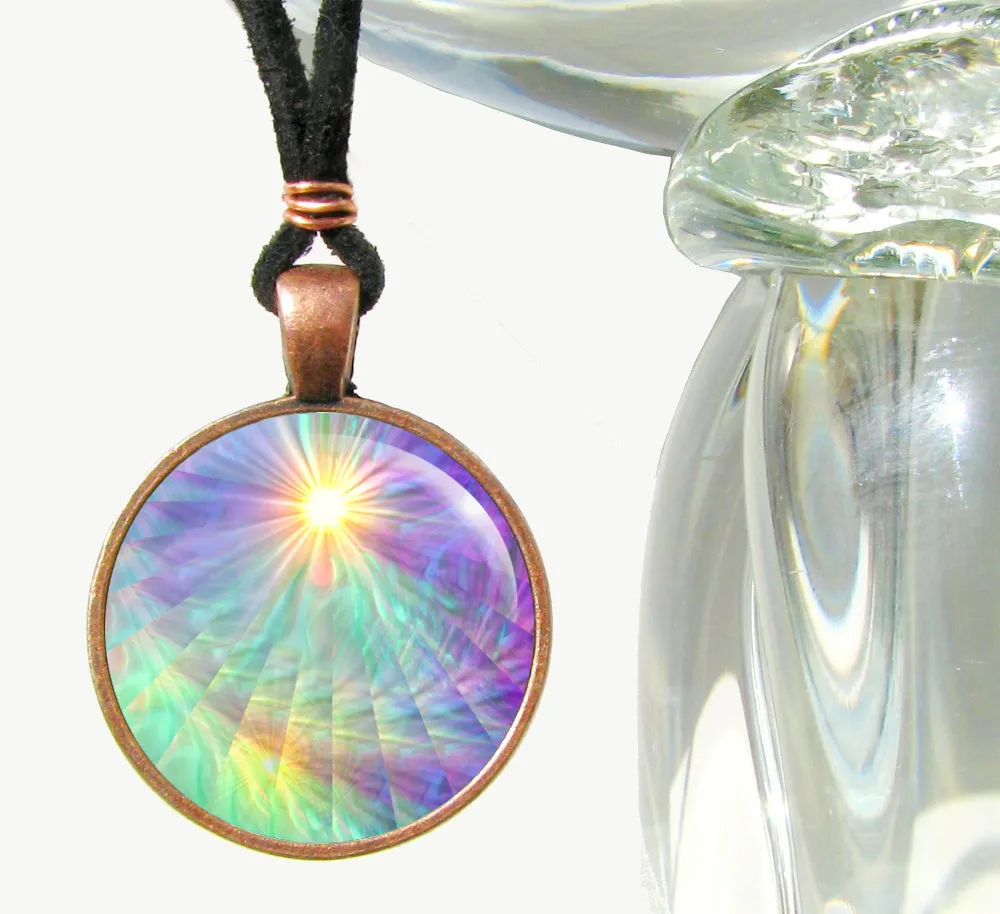 Pastel Rainbow Swirl Necklace, Fibonacci Spiral Energy Art by Primal Painter - "Aura Swirl"
