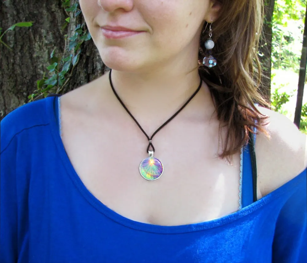 Pastel Rainbow Swirl Necklace, Fibonacci Spiral Energy Art by Primal Painter - "Aura Swirl"