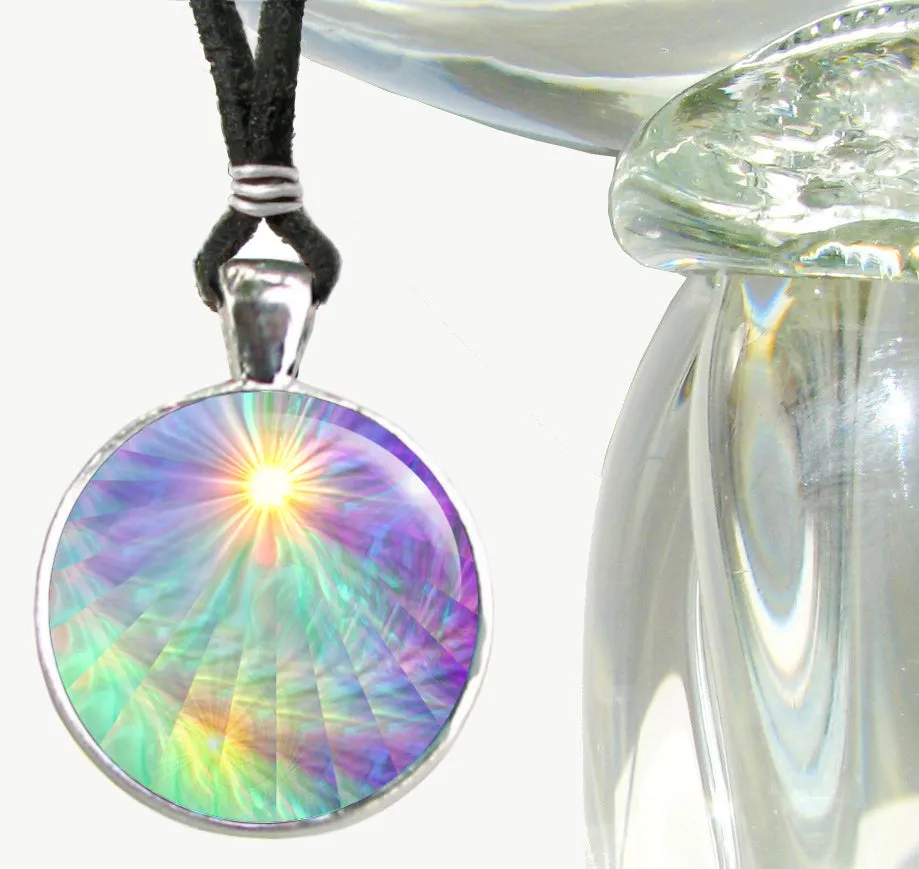 Pastel Rainbow Swirl Necklace, Fibonacci Spiral Energy Art by Primal Painter - "Aura Swirl"