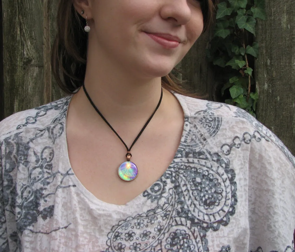 Pastel Rainbow Swirl Necklace, Fibonacci Spiral Energy Art by Primal Painter - "Aura Swirl"
