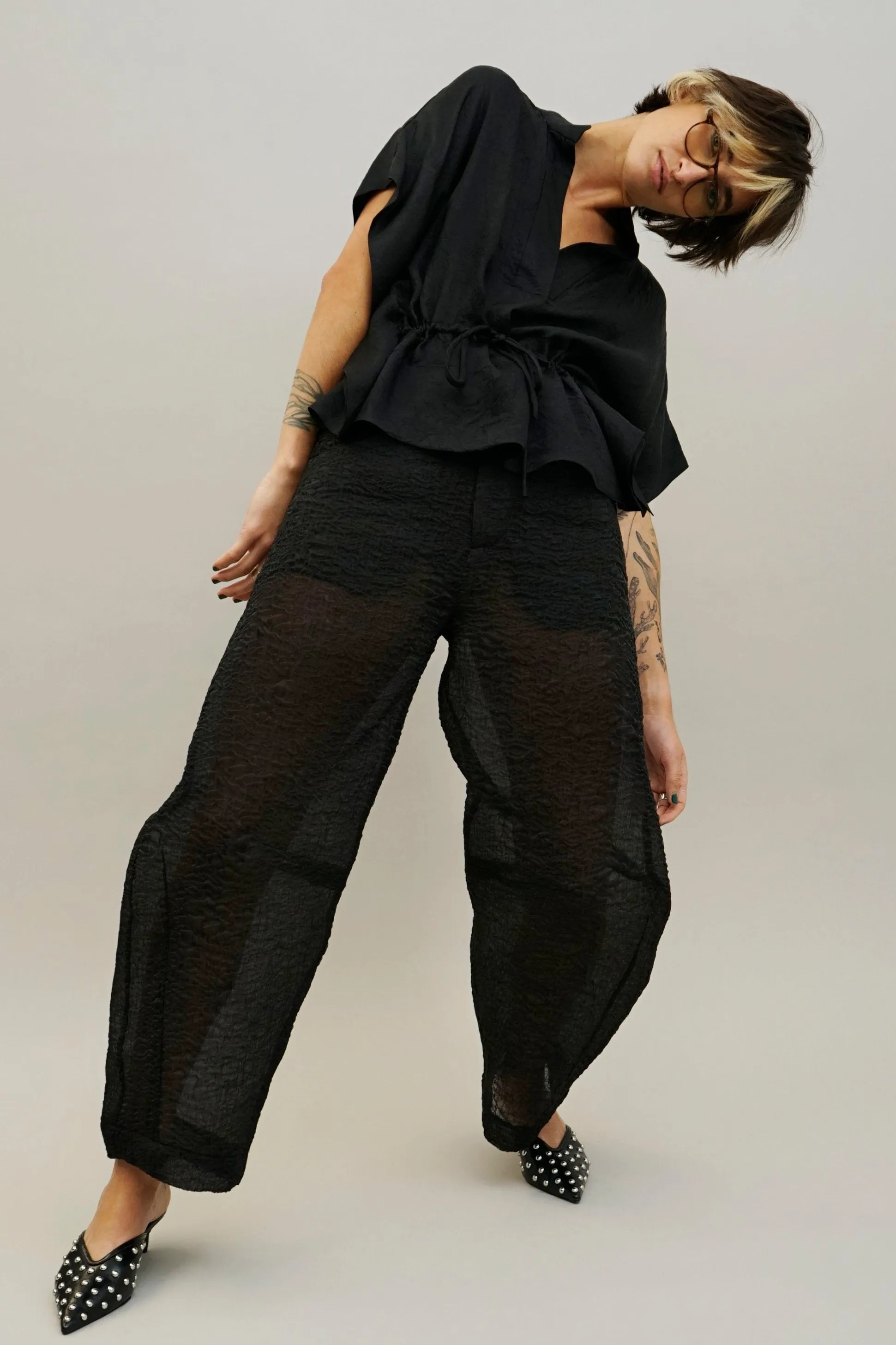 Pot Black Sheer Barrel Leg Pants