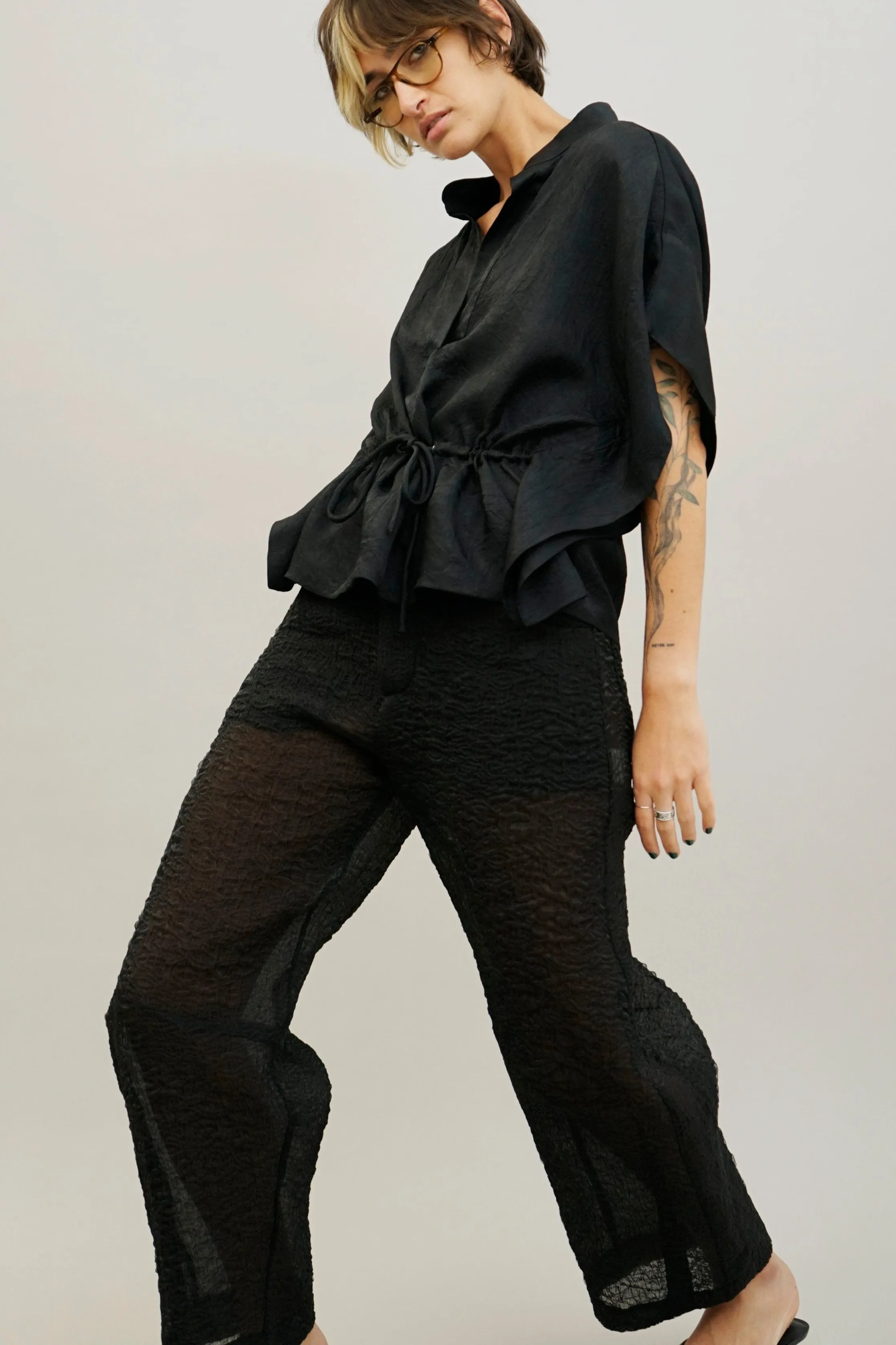Pot Black Sheer Barrel Leg Pants
