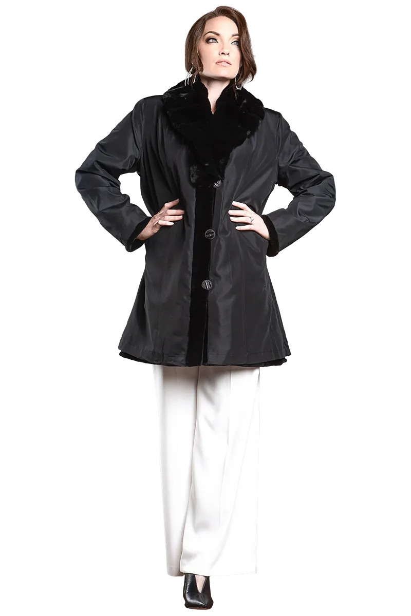 Reversible Fitted Sheared Mid Length Mink Fur Coat - Chinchilla Shawl Collar