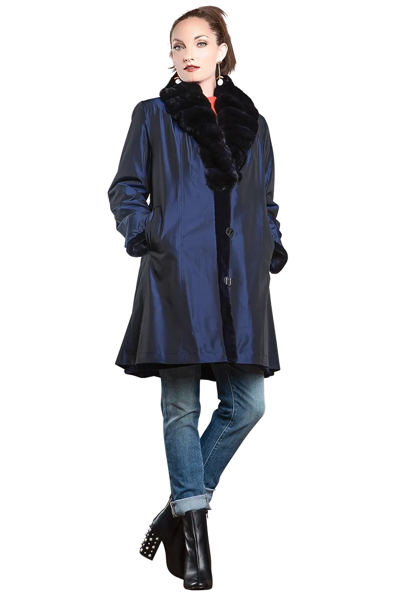 Reversible Fitted Sheared Mid Length Mink Fur Coat - Chinchilla Shawl Collar