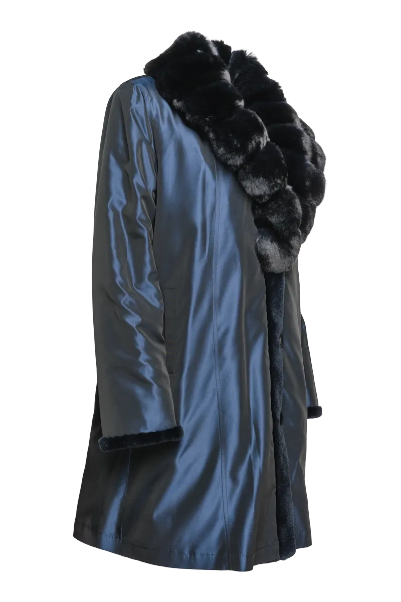 Reversible Fitted Sheared Mid Length Mink Fur Coat - Chinchilla Shawl Collar