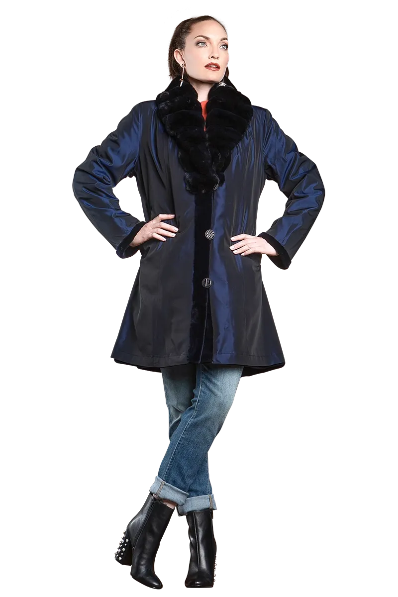 Reversible Fitted Sheared Mid Length Mink Fur Coat - Chinchilla Shawl Collar