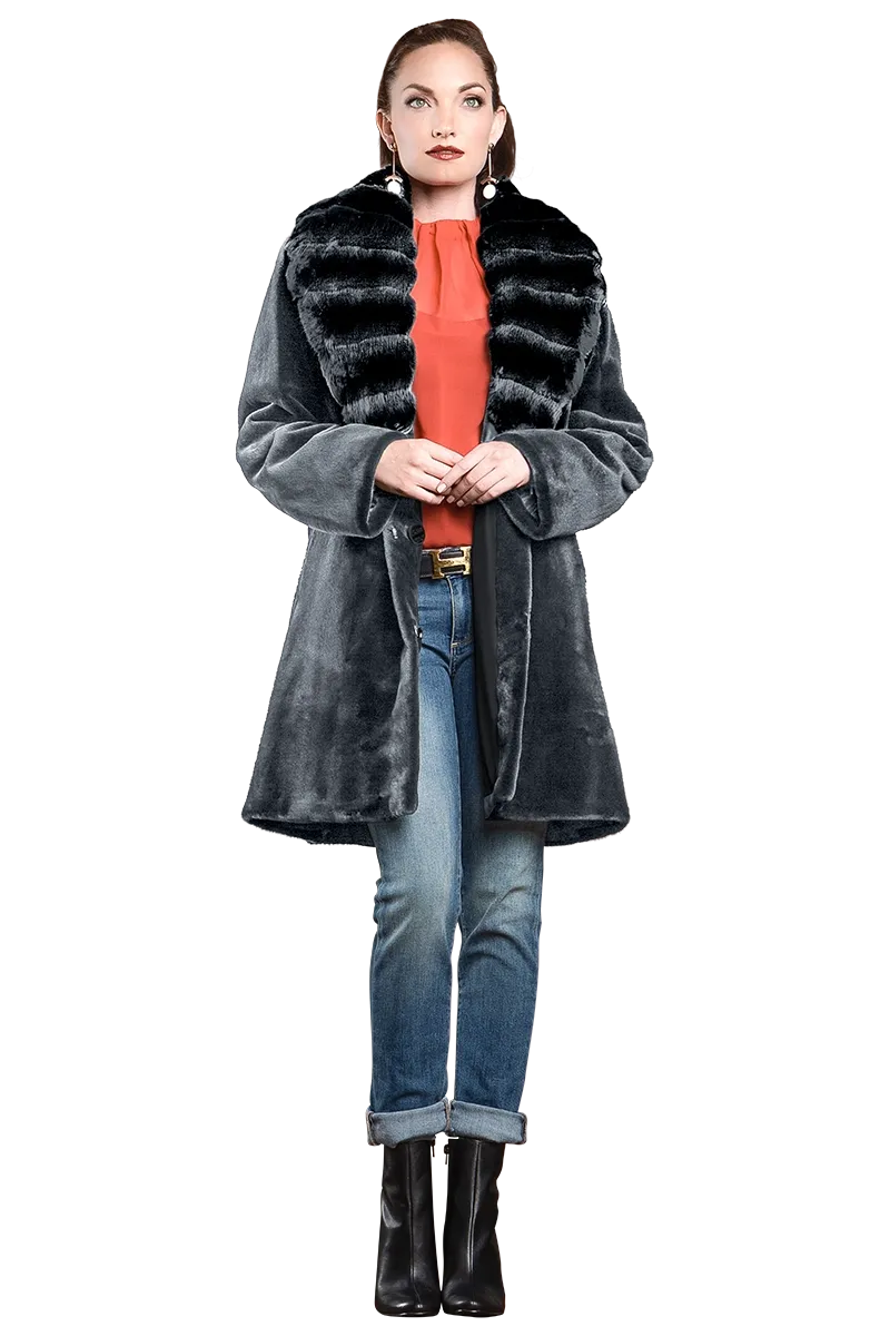 Reversible Fitted Sheared Mid Length Mink Fur Coat - Chinchilla Shawl Collar