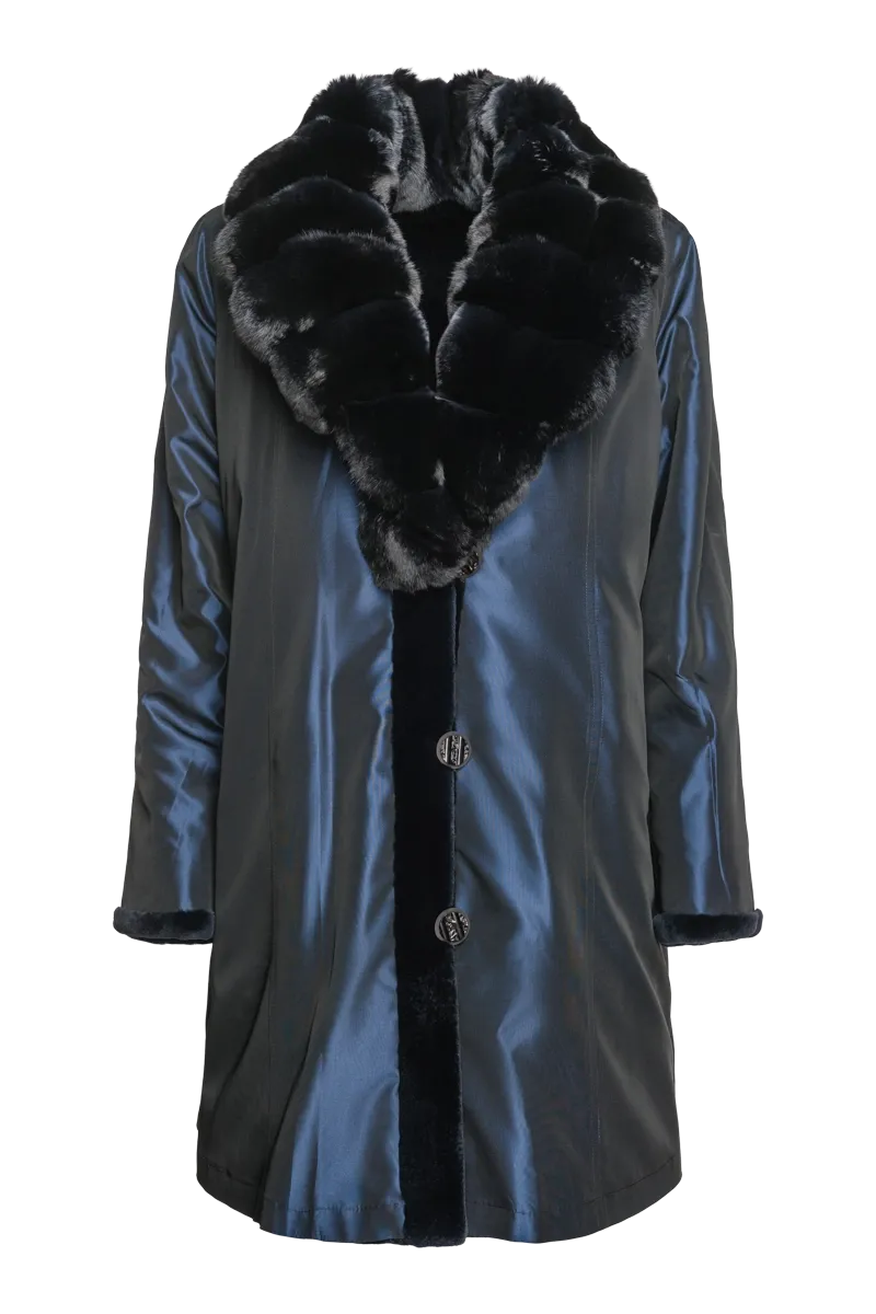 Reversible Fitted Sheared Mid Length Mink Fur Coat - Chinchilla Shawl Collar